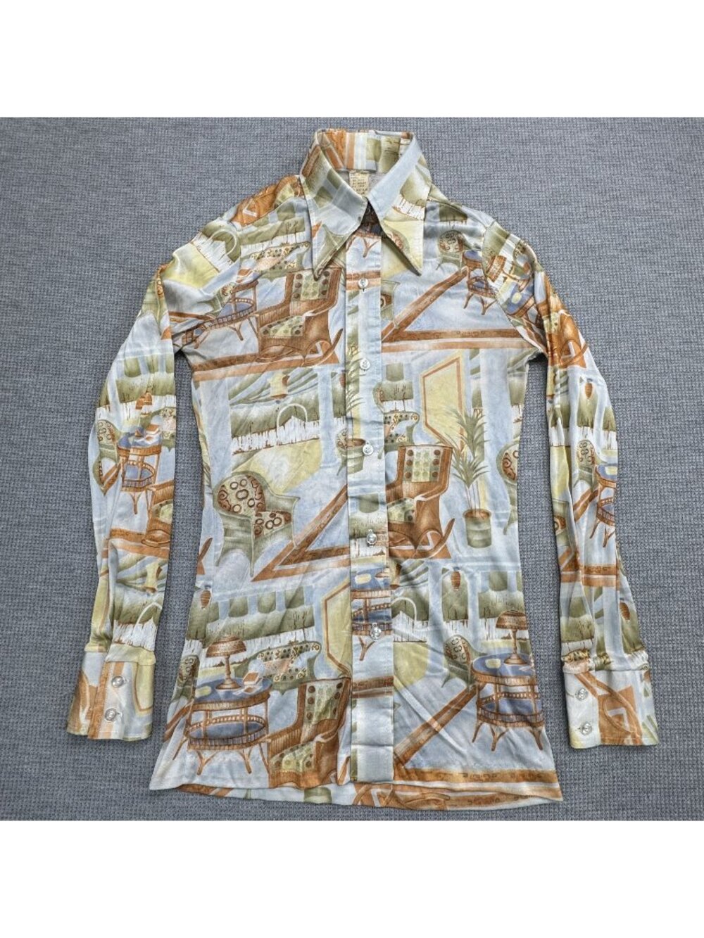 Vintage 70s Long Sleeve Collared Shirt Size 7/8 With Retro Interior Design Print